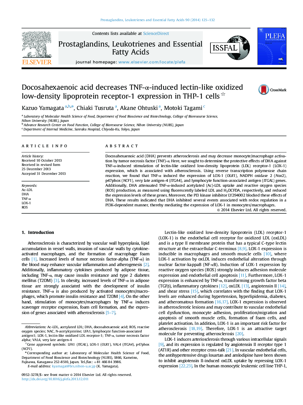 Docosahexaenoic acid decreases TNF-α-induced lectin-like oxidized low-density lipoprotein receptor-1 expression in THP-1 cells 