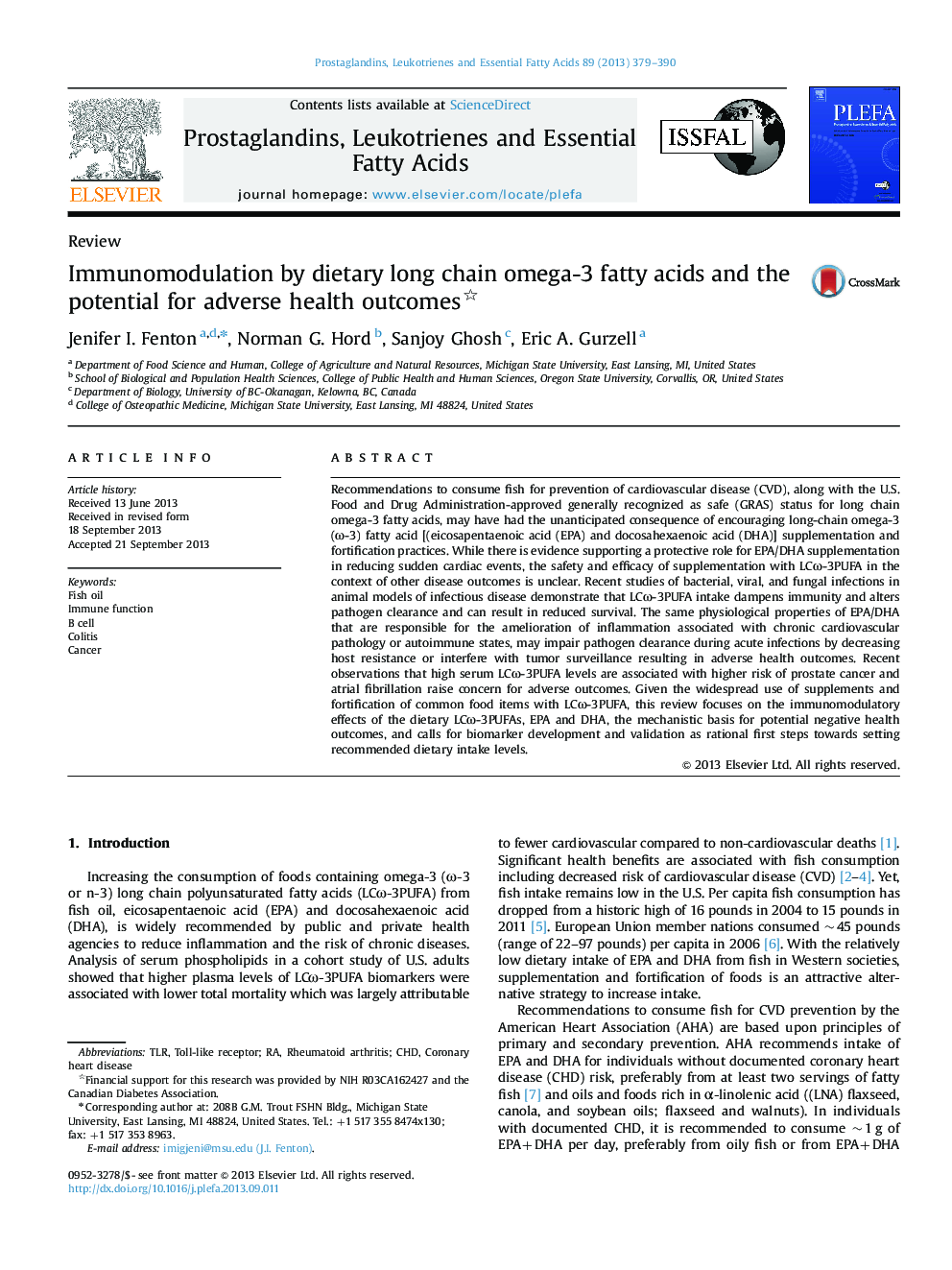 Immunomodulation by dietary long chain omega-3 fatty acids and the potential for adverse health outcomes 