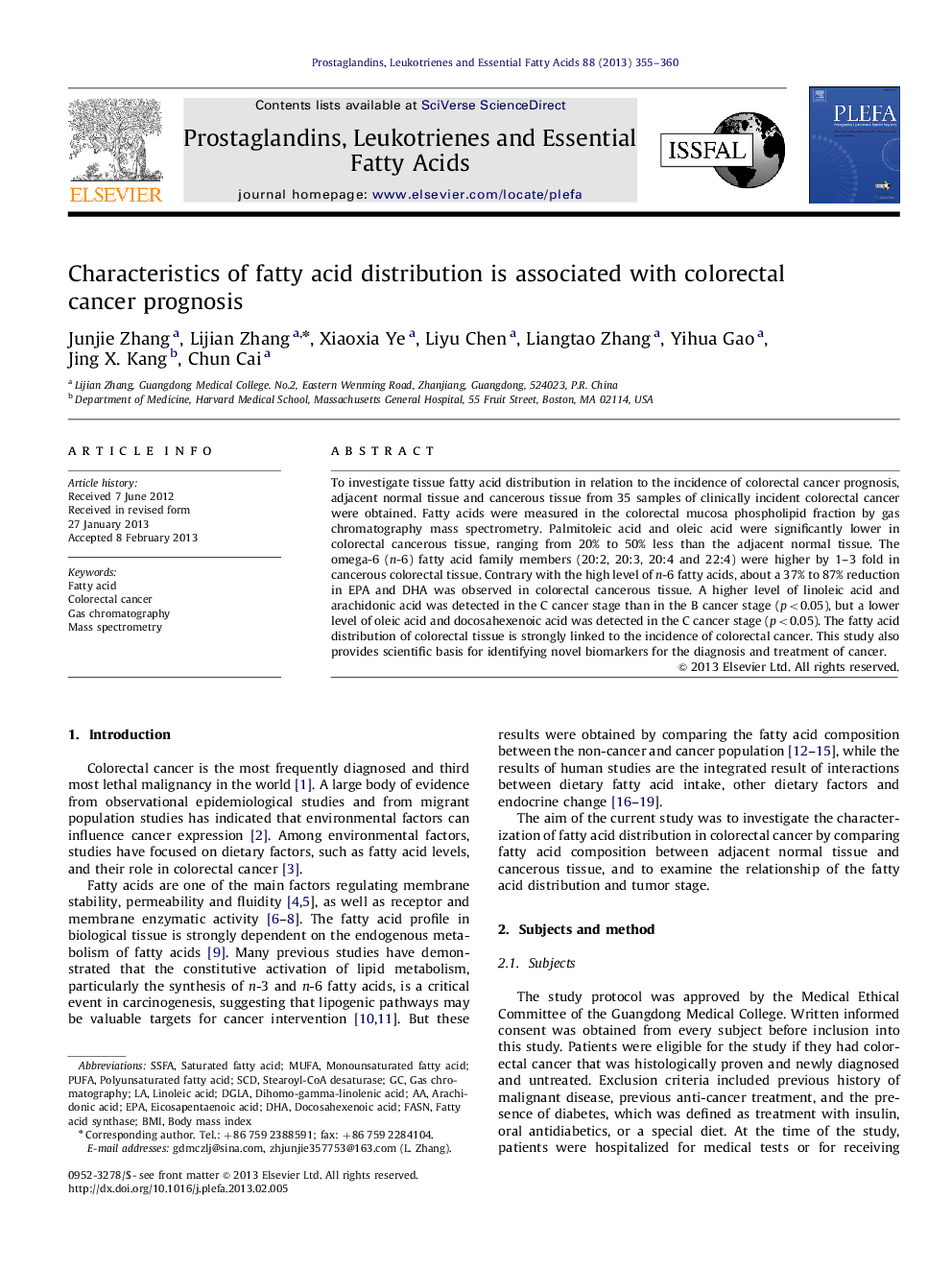 عکس صفحه اول مقاله: Characteristics of fatty acid distribution is associated with colorectal cancer prognosis Characteristics of fatty acid distribution is associated with colorectal cancer prognosis