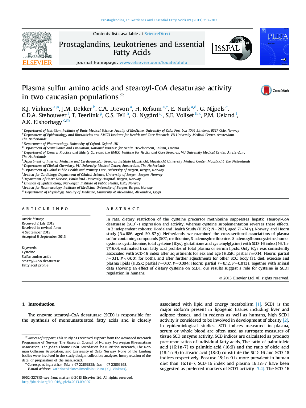 Plasma sulfur amino acids and stearoyl-CoA desaturase activity in two caucasian populations 