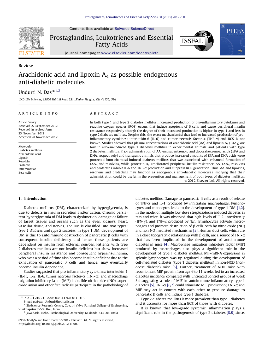 Arachidonic acid and lipoxin A4 as possible endogenous anti-diabetic molecules