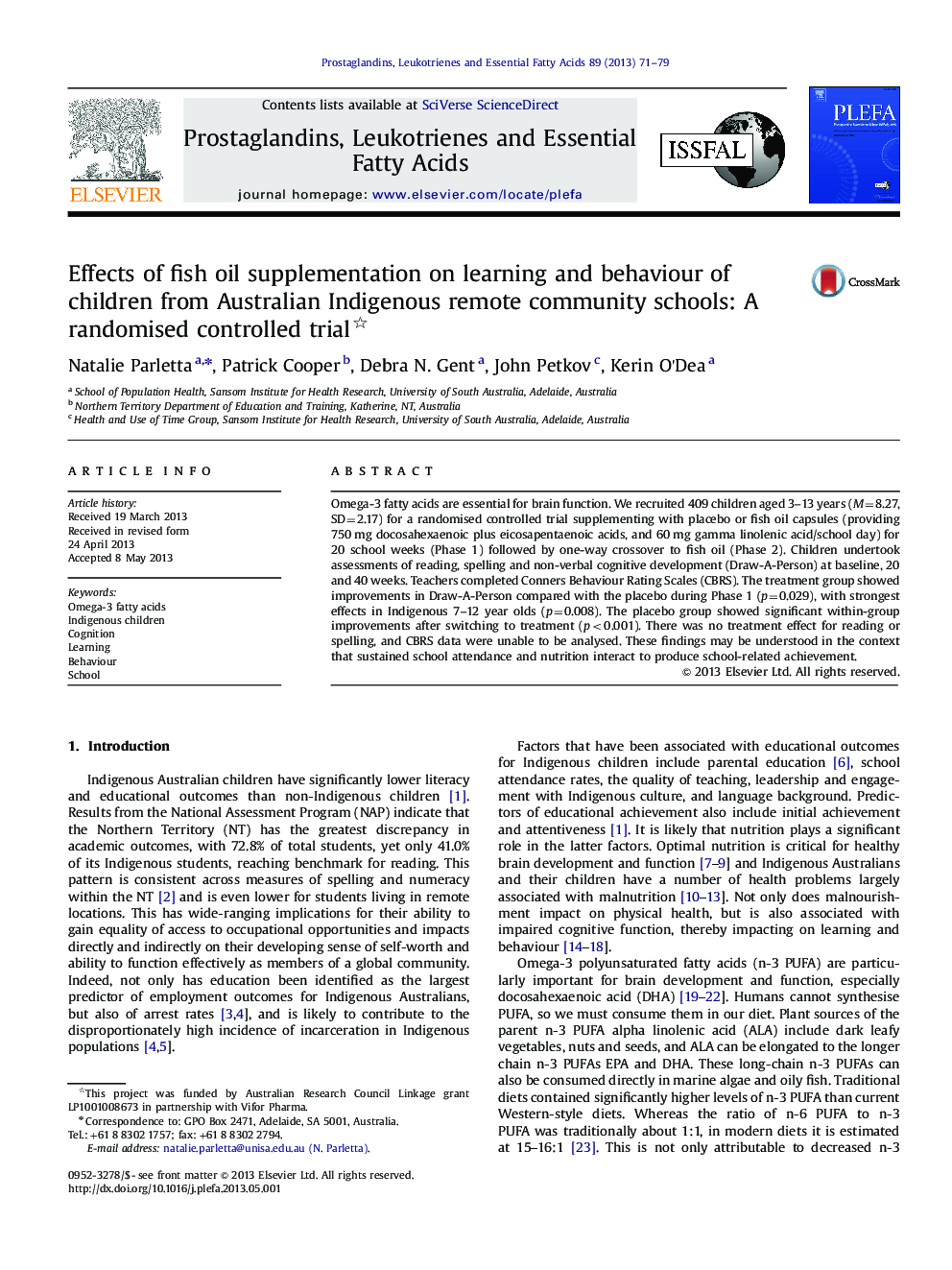 Effects of fish oil supplementation on learning and behaviour of children from Australian Indigenous remote community schools: A randomised controlled trial 