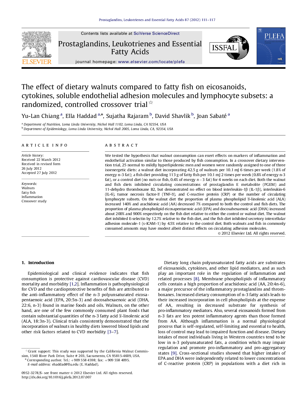 The effect of dietary walnuts compared to fatty fish on eicosanoids, cytokines, soluble endothelial adhesion molecules and lymphocyte subsets: a randomized, controlled crossover trial 