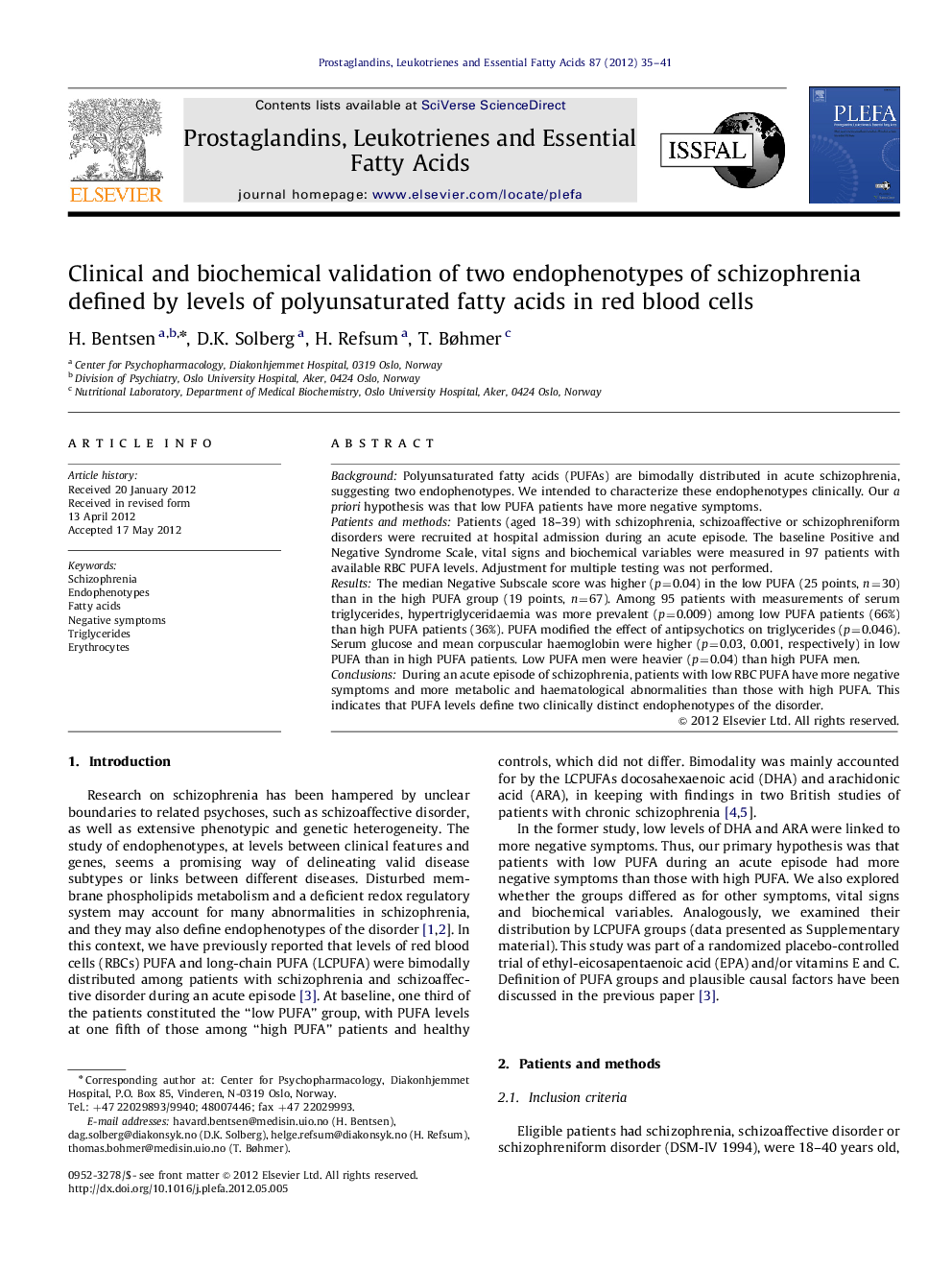 عکس صفحه اول مقاله: Clinical and biochemical validation of two endophenotypes of schizophrenia defined by levels of polyunsaturated fatty acids in red blood cells Clinical and biochemical validation of two endophenotypes of schizophrenia defined by levels of polyunsaturated fatty acids in red blood cells