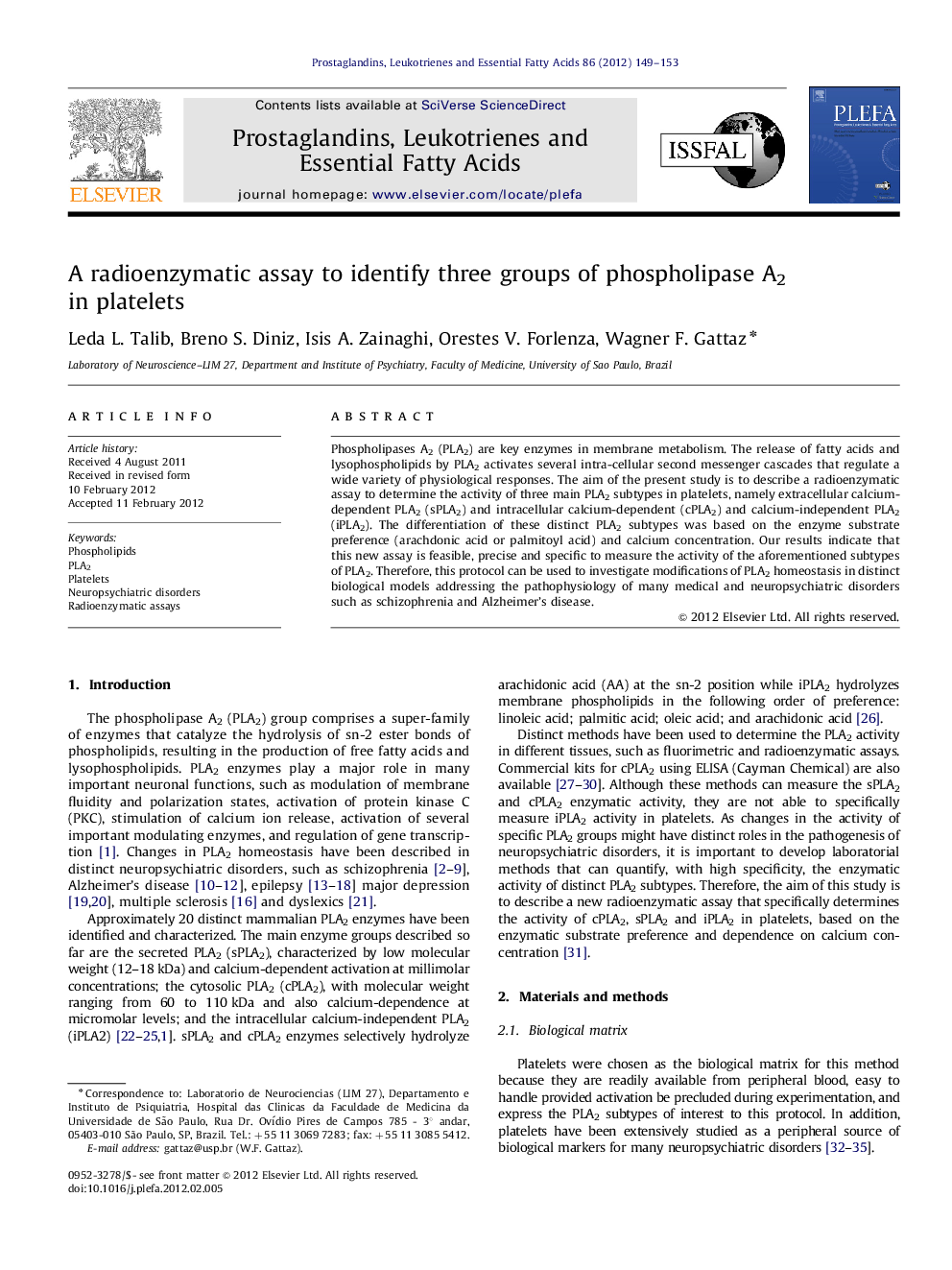 A radioenzymatic assay to identify three groups of phospholipase A2 in platelets