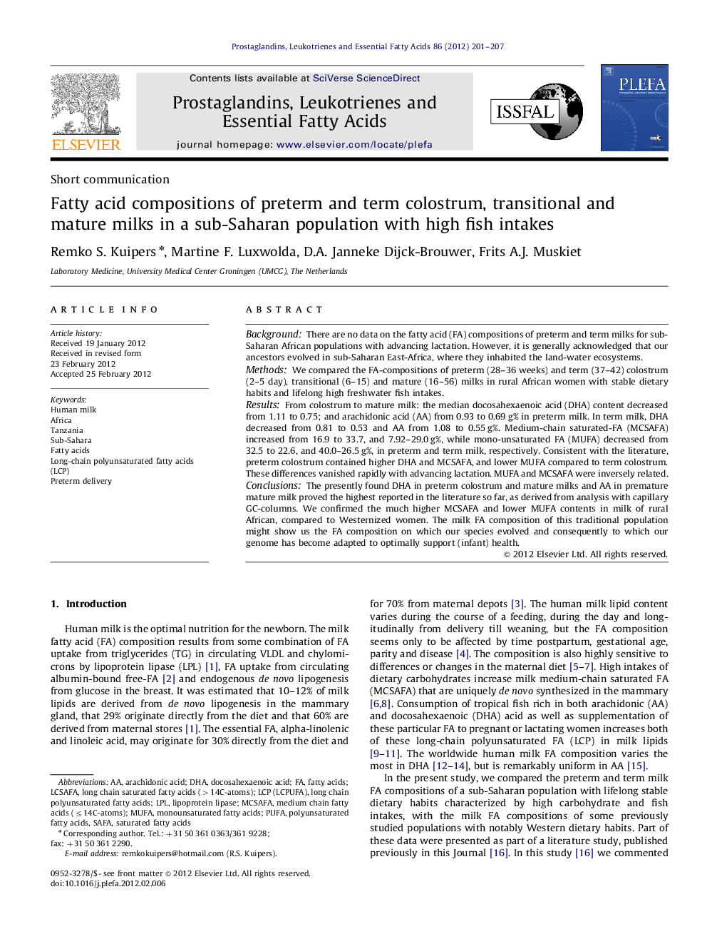 Fatty acid compositions of preterm and term colostrum, transitional and mature milks in a sub-Saharan population with high fish intakes