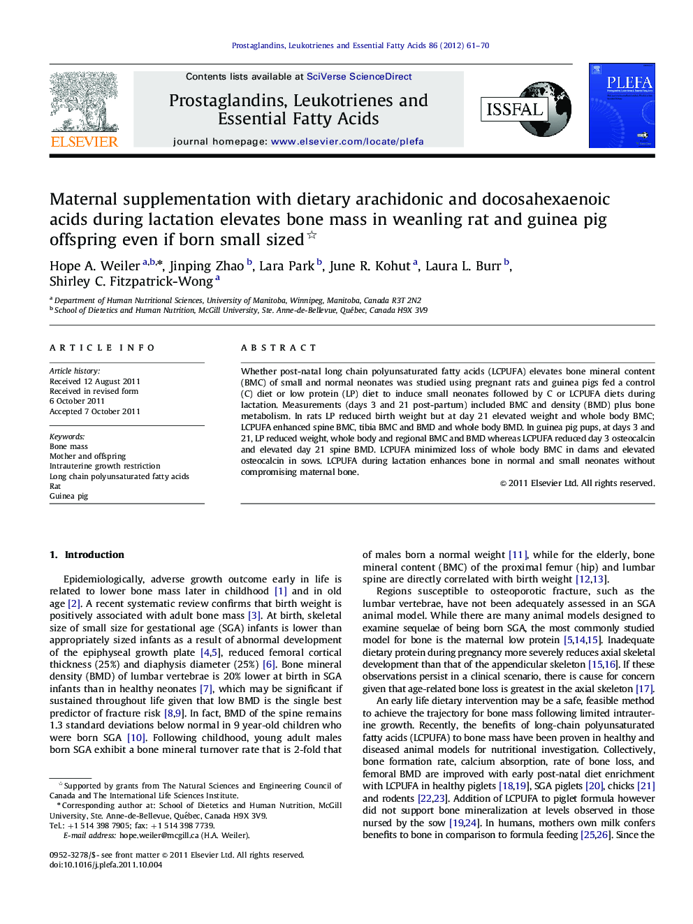 Maternal supplementation with dietary arachidonic and docosahexaenoic acids during lactation elevates bone mass in weanling rat and guinea pig offspring even if born small sized 