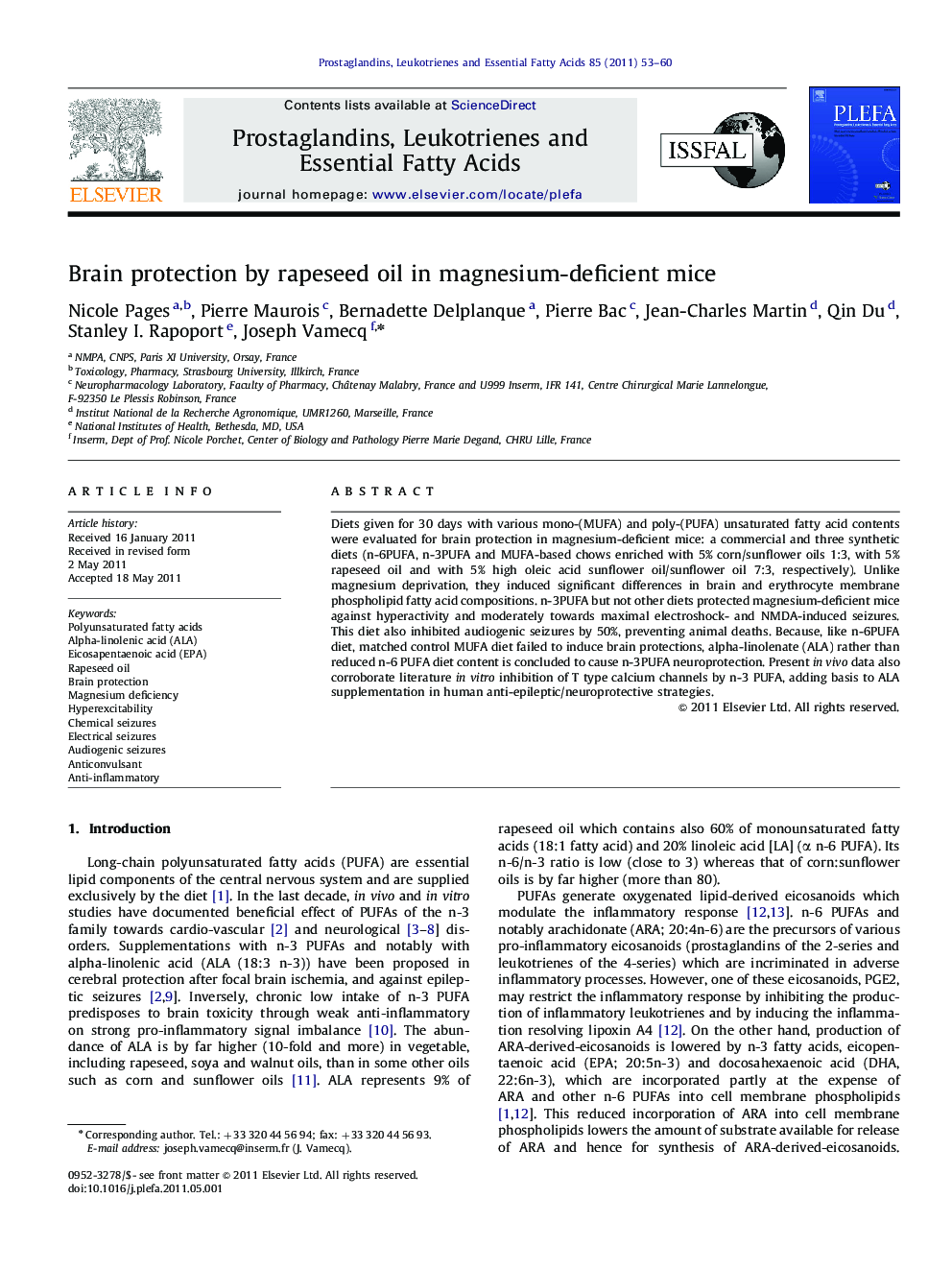 Brain protection by rapeseed oil in magnesium-deficient mice