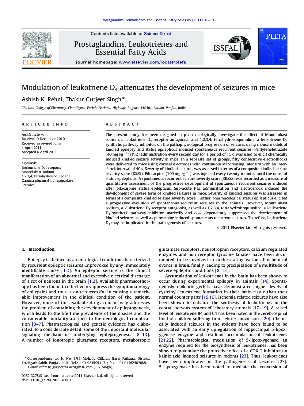 Modulation of leukotriene D4 attenuates the development of seizures in mice