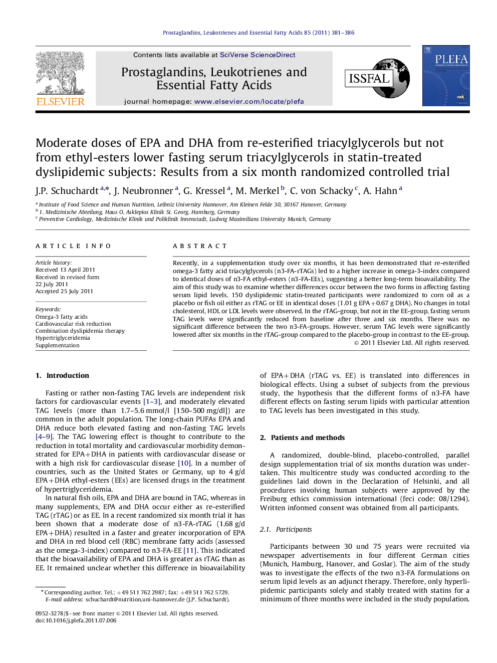 Moderate doses of EPA and DHA from re-esterified triacylglycerols but not from ethyl-esters lower fasting serum triacylglycerols in statin-treated dyslipidemic subjects: Results from a six month randomized controlled trial