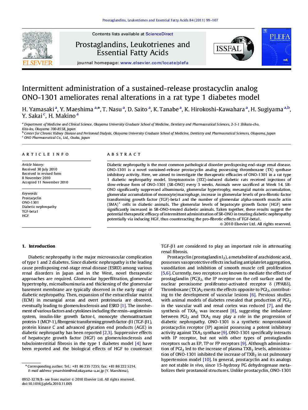 Intermittent administration of a sustained-release prostacyclin analog ONO-1301 ameliorates renal alterations in a rat type 1 diabetes model