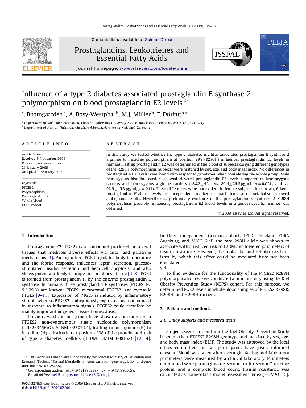 Influence of a type 2 diabetes associated prostaglandin E synthase 2 polymorphism on blood prostaglandin E2 levels