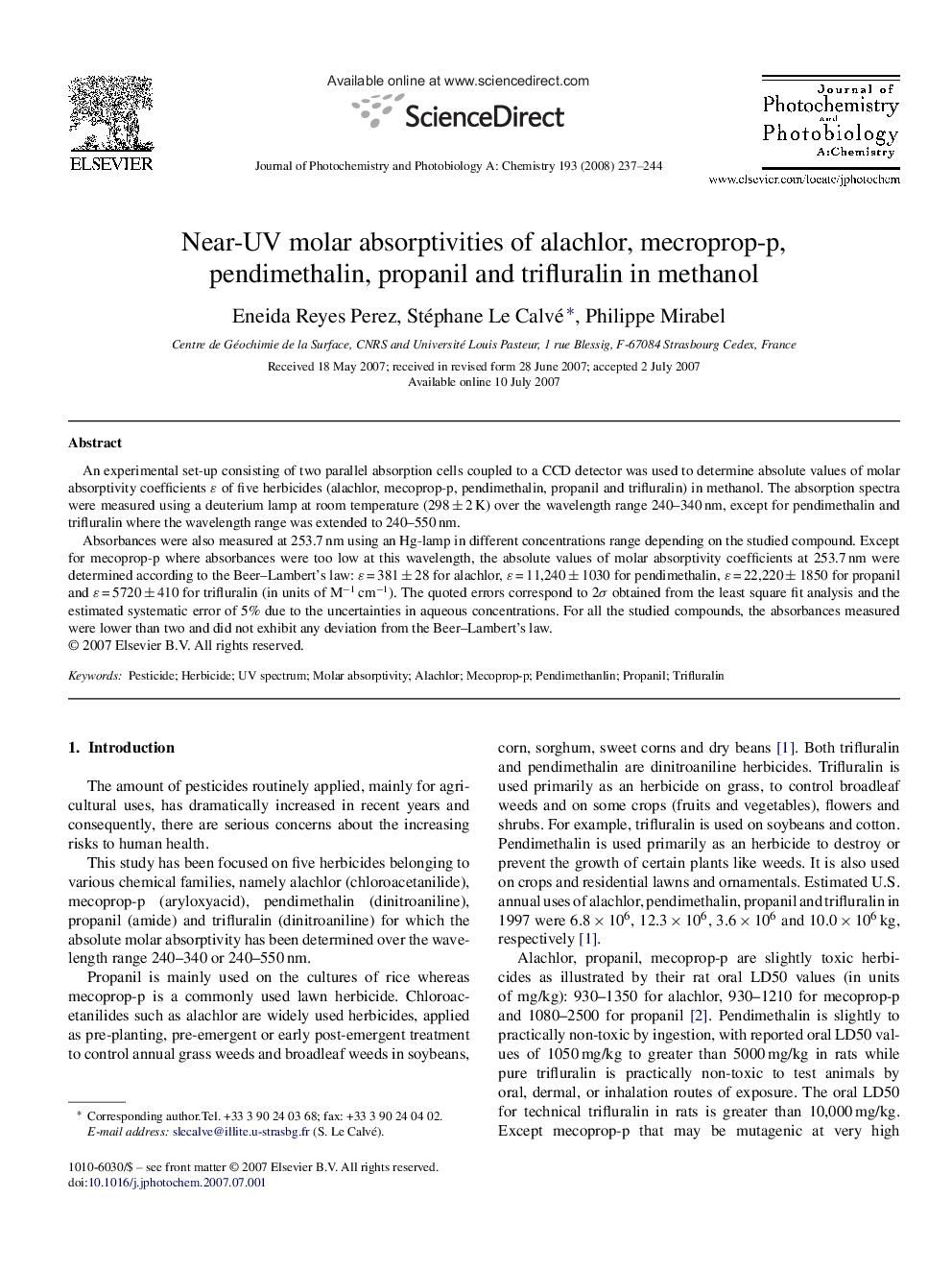 Near-UV molar absorptivities of alachlor, mecroprop-p, pendimethalin, propanil and trifluralin in methanol