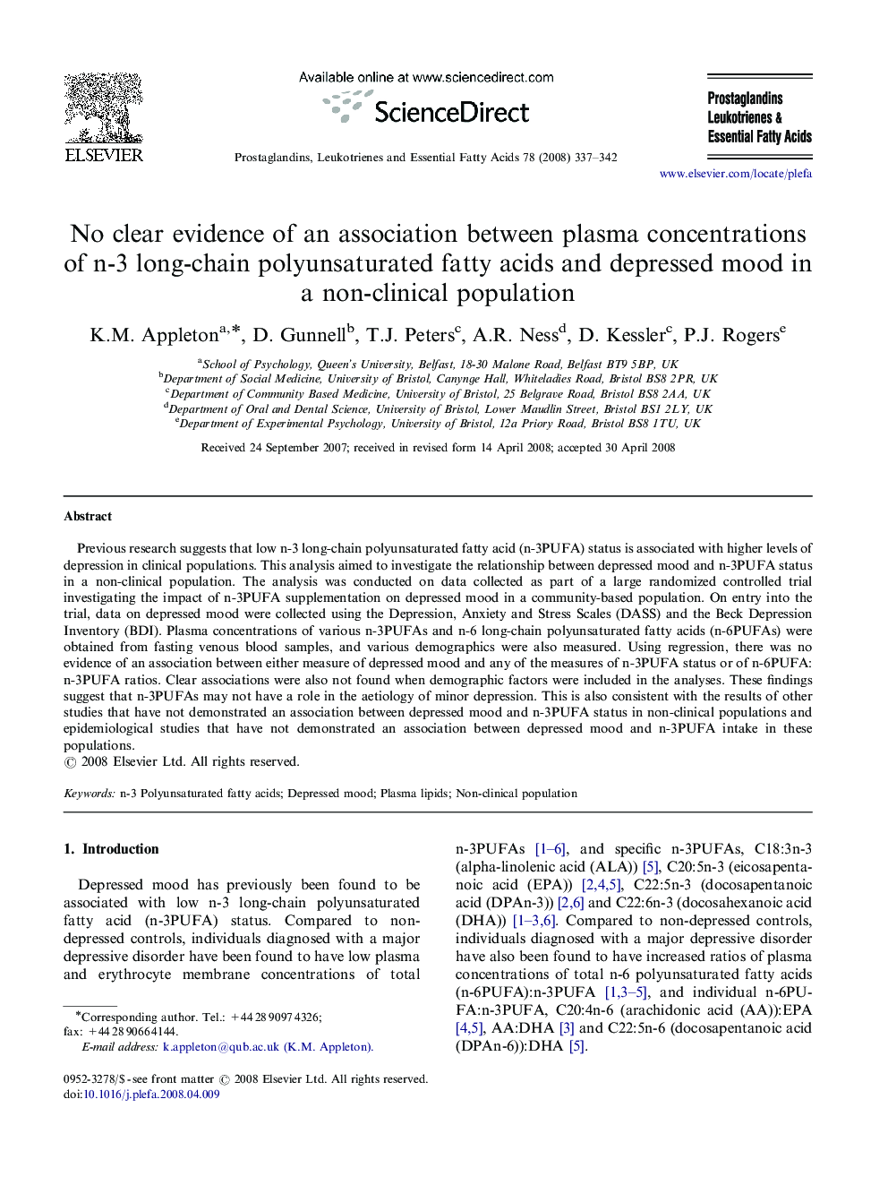 No clear evidence of an association between plasma concentrations of n-3 long-chain polyunsaturated fatty acids and depressed mood in a non-clinical population