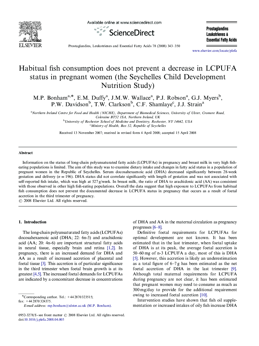 Habitual fish consumption does not prevent a decrease in LCPUFA status in pregnant women (the Seychelles Child Development Nutrition Study)