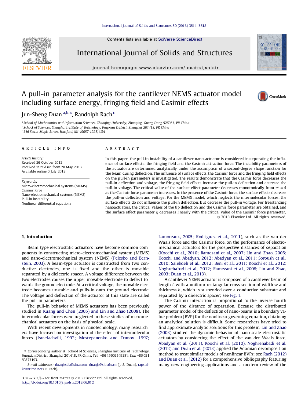 A pull-in parameter analysis for the cantilever NEMS actuator model including surface energy, fringing field and Casimir effects