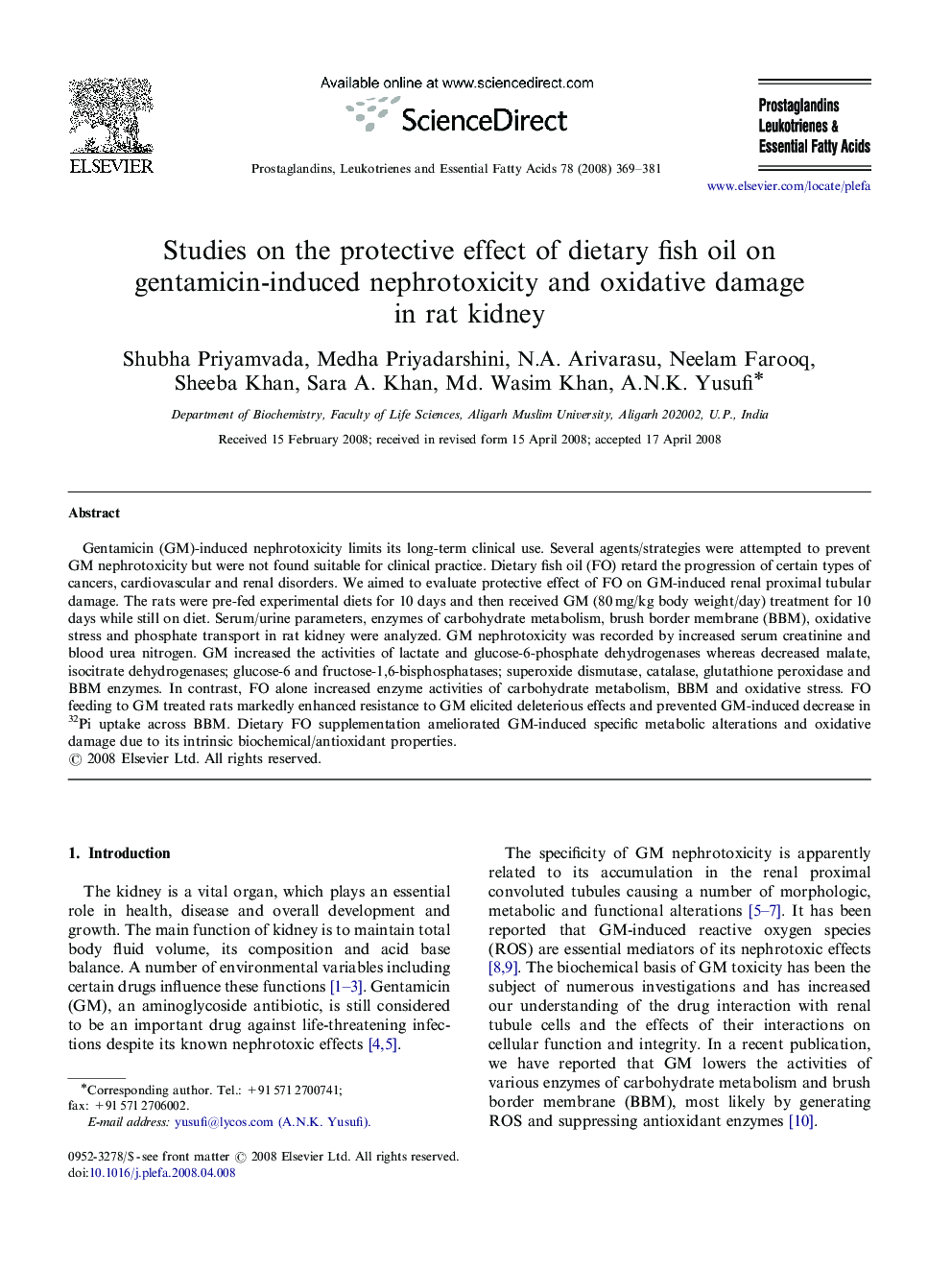 Studies on the protective effect of dietary fish oil on gentamicin-induced nephrotoxicity and oxidative damage in rat kidney
