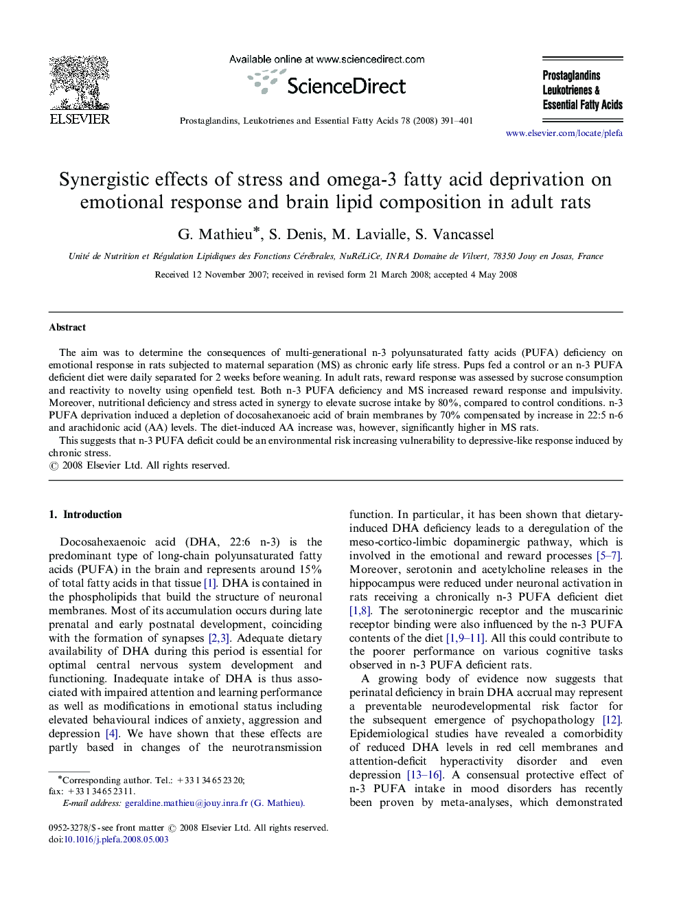 Synergistic effects of stress and omega-3 fatty acid deprivation on emotional response and brain lipid composition in adult rats