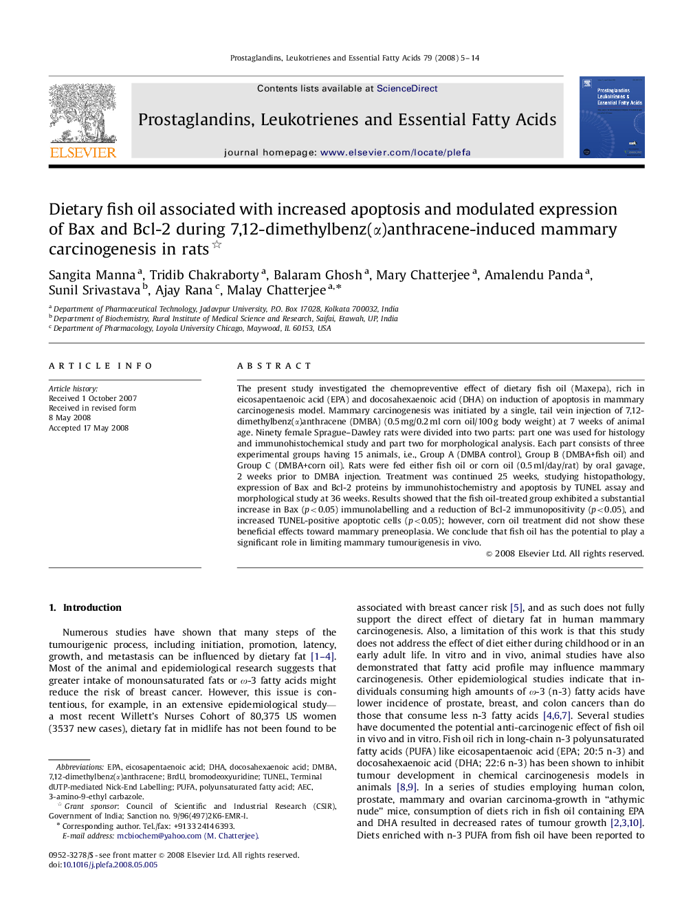 Dietary fish oil associated with increased apoptosis and modulated expression of Bax and Bcl-2 during 7,12-dimethylbenz(α)anthracene-induced mammary carcinogenesis in rats 