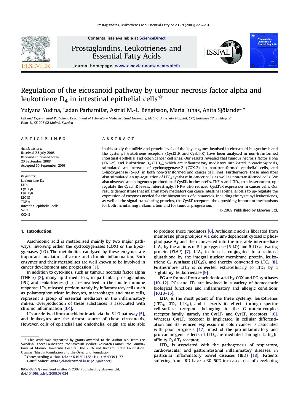 Regulation of the eicosanoid pathway by tumour necrosis factor alpha and leukotriene D4 in intestinal epithelial cells 