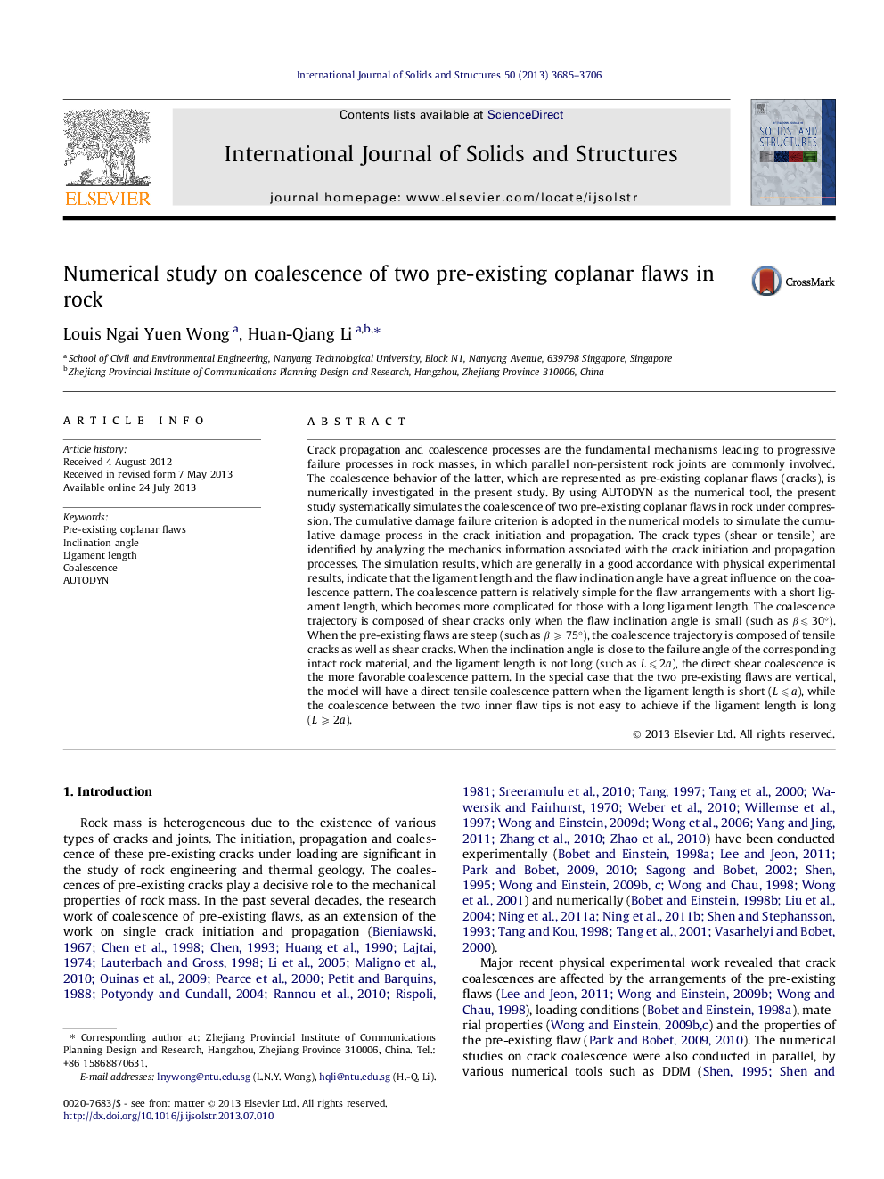 Numerical study on coalescence of two pre-existing coplanar flaws in rock