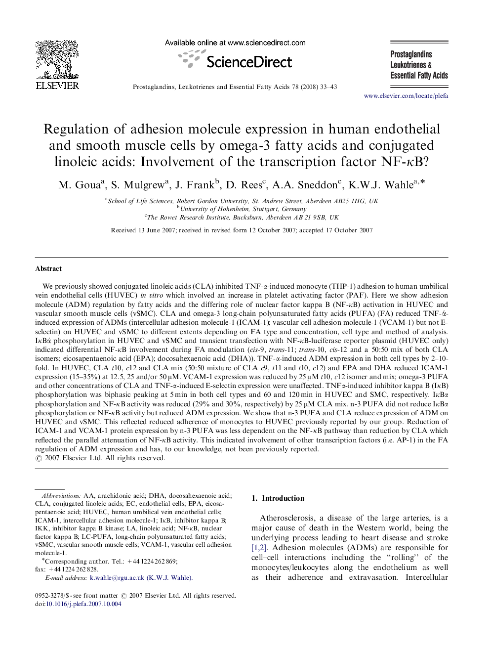 Regulation of adhesion molecule expression in human endothelial and smooth muscle cells by omega-3 fatty acids and conjugated linoleic acids: Involvement of the transcription factor NF-κB?