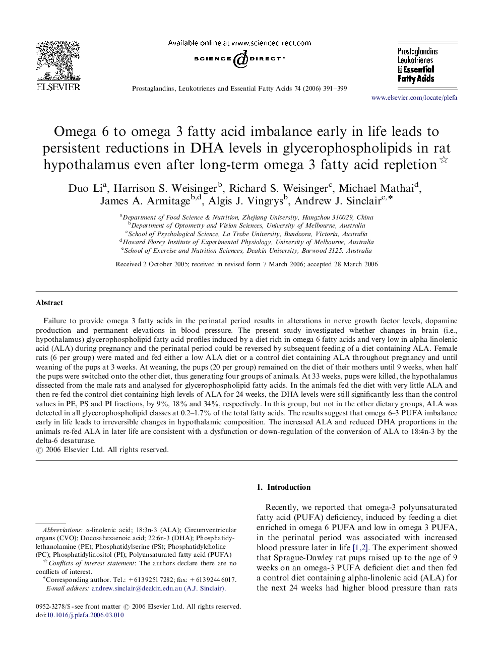 Omega 6 to omega 3 fatty acid imbalance early in life leads to persistent reductions in DHA levels in glycerophospholipids in rat hypothalamus even after long-term omega 3 fatty acid repletion 