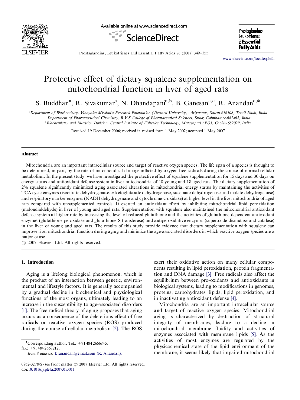 Protective effect of dietary squalene supplementation on mitochondrial function in liver of aged rats