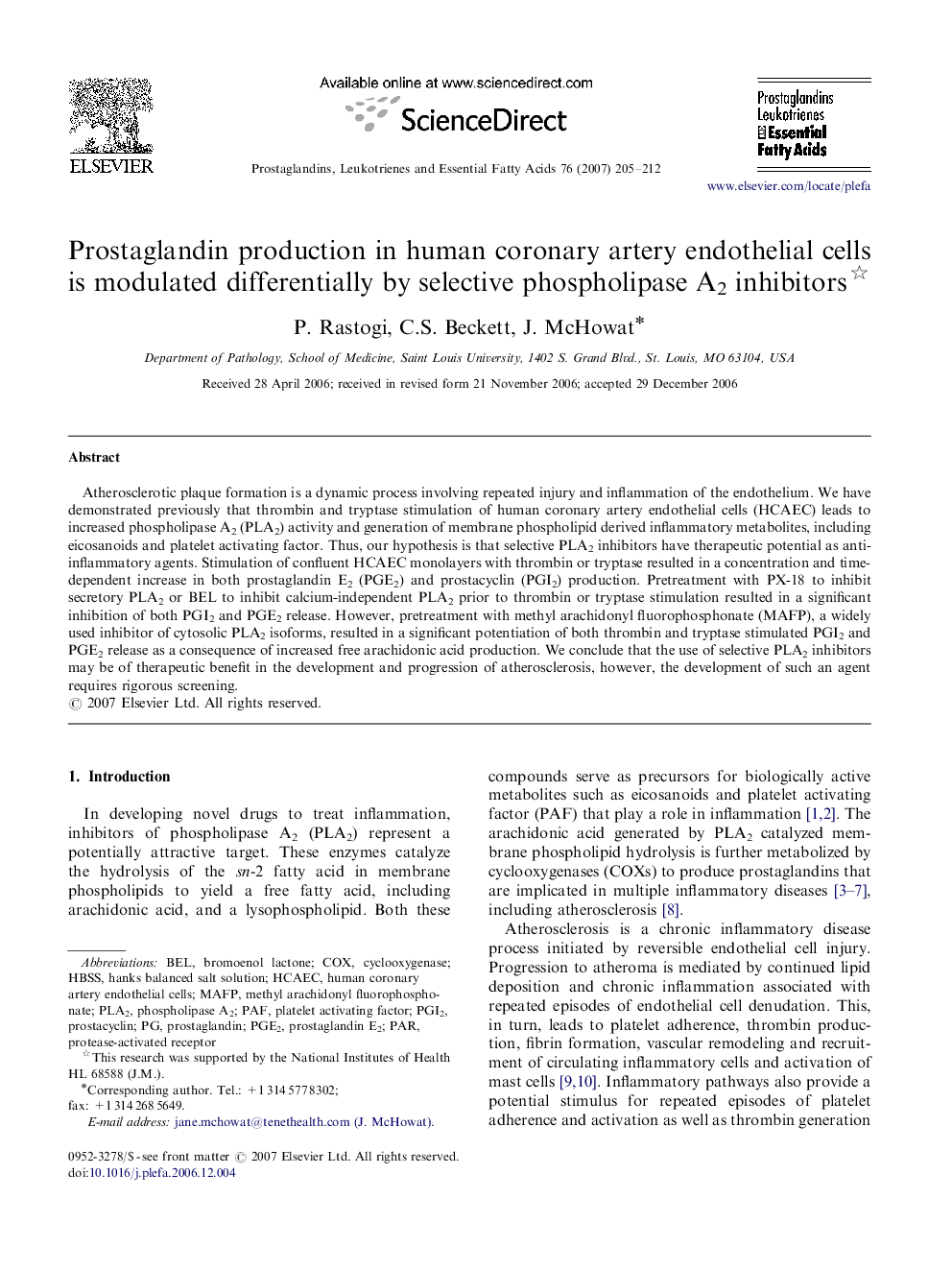 Prostaglandin production in human coronary artery endothelial cells is modulated differentially by selective phospholipase A2 inhibitors 