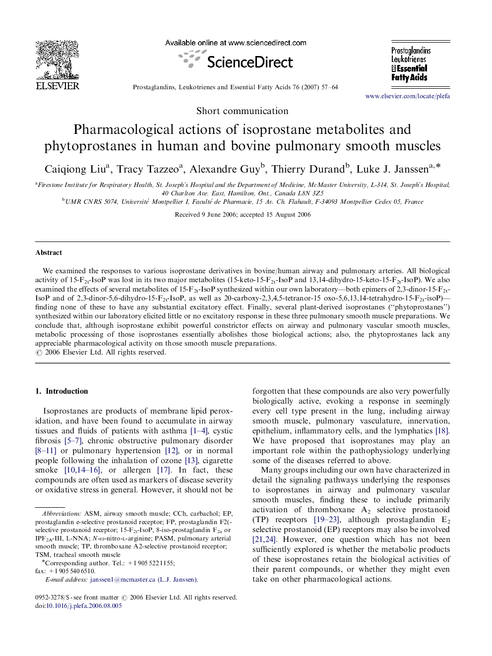 Pharmacological actions of isoprostane metabolites and phytoprostanes in human and bovine pulmonary smooth muscles