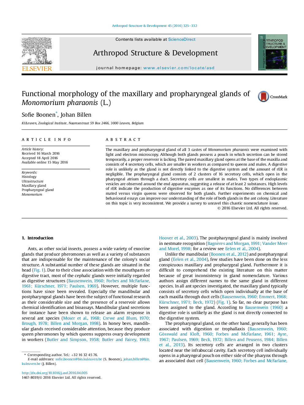 Functional morphology of the maxillary and propharyngeal glands of Monomorium pharaonis (L.)