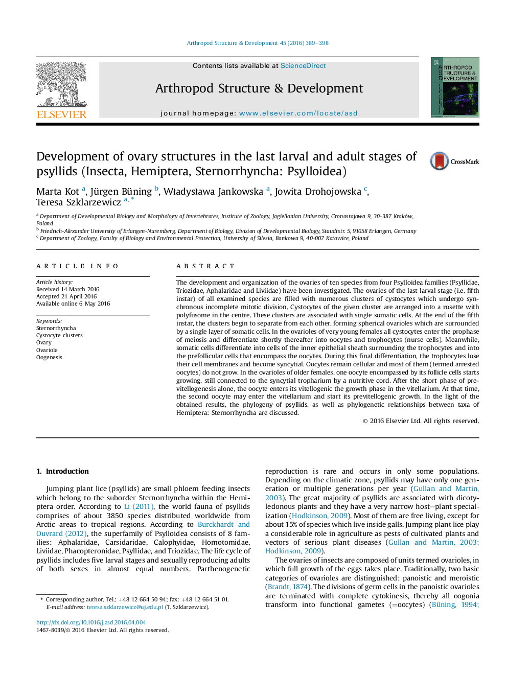 Development of ovary structures in the last larval and adult stages of psyllids (Insecta, Hemiptera, Sternorrhyncha: Psylloidea)