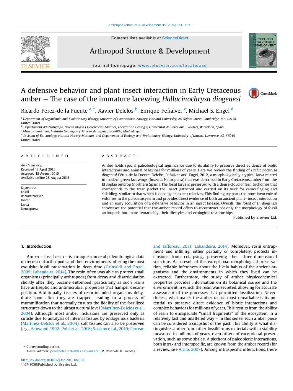 A defensive behavior and plant-insect interaction in Early Cretaceous amber – The case of the immature lacewing Hallucinochrysa diogenesi