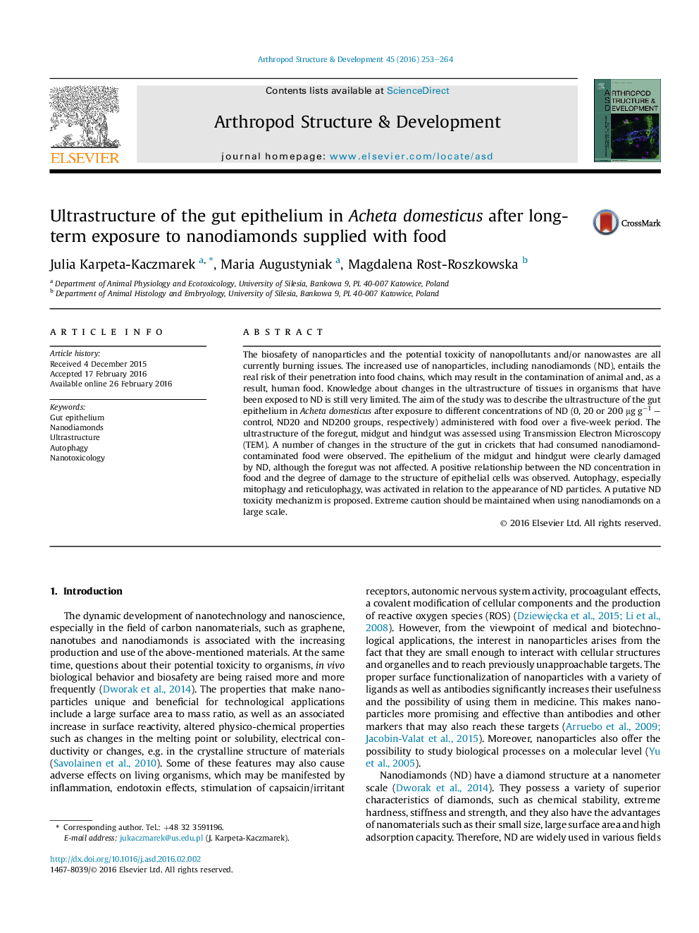 Ultrastructure of the gut epithelium in Acheta domesticus after long-term exposure to nanodiamonds supplied with food