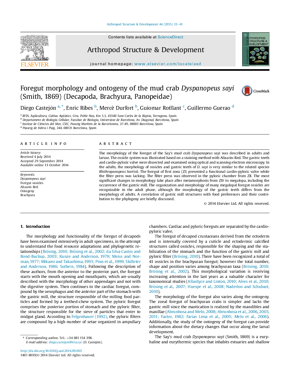 Foregut morphology and ontogeny of the mud crab Dyspanopeus sayi (Smith, 1869) (Decapoda, Brachyura, Panopeidae)