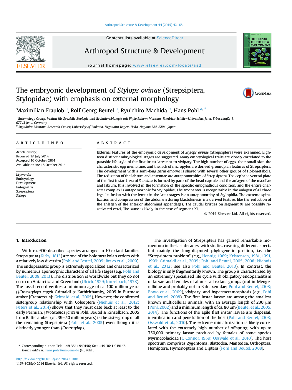 The embryonic development of Stylops ovinae (Strepsiptera, Stylopidae) with emphasis on external morphology