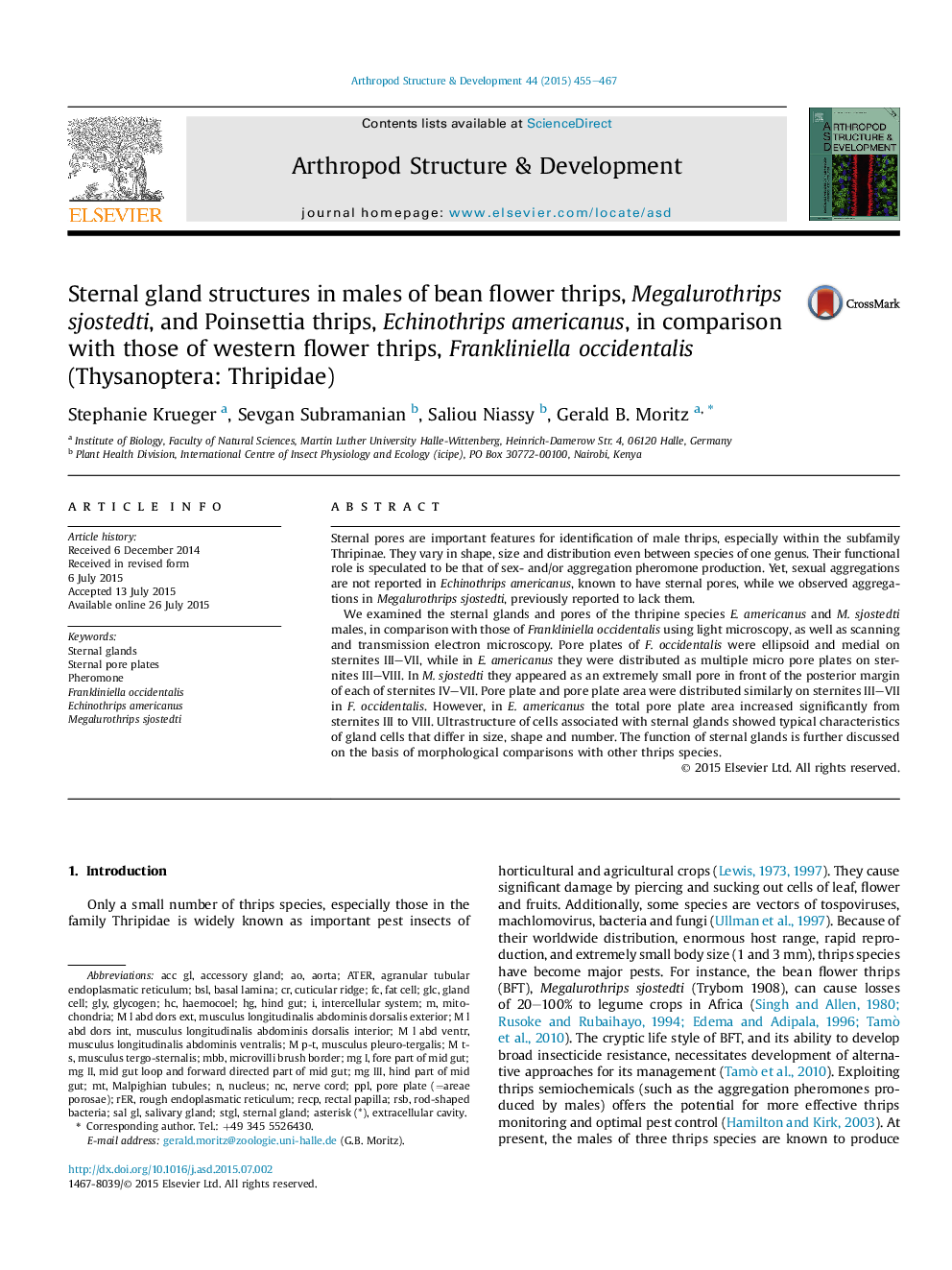 Sternal gland structures in males of bean flower thrips, Megalurothrips sjostedti, and Poinsettia thrips, Echinothrips americanus, in comparison with those of western flower thrips, Frankliniella occidentalis (Thysanoptera: Thripidae)