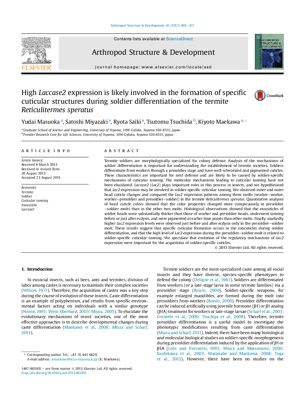 High Laccase2 expression is likely involved in the formation of specific cuticular structures during soldier differentiation of the termite Reticulitermes speratus