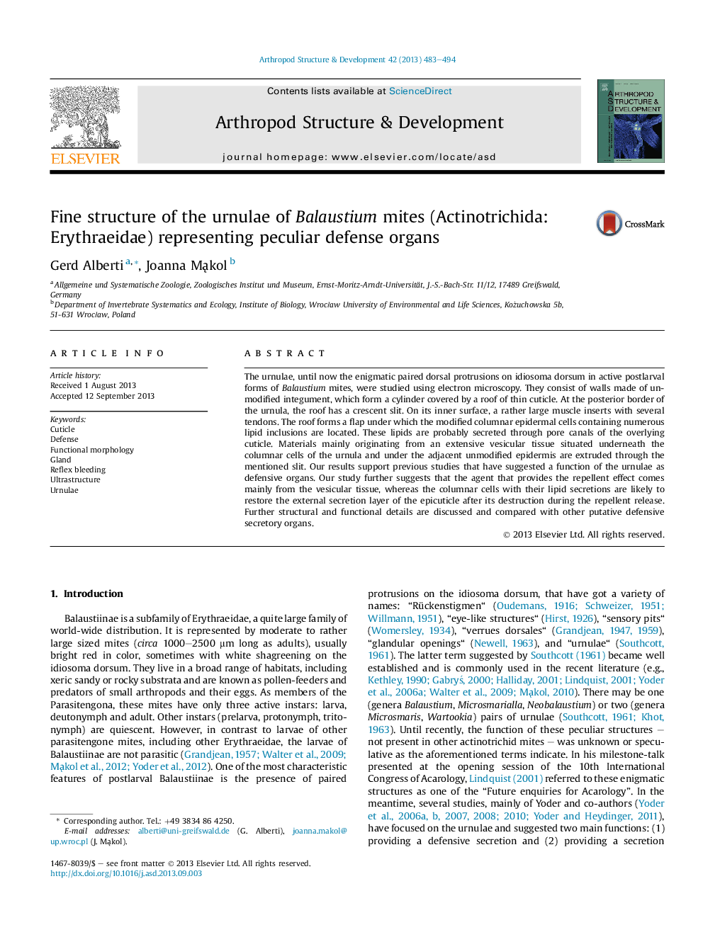 Fine structure of the urnulae of Balaustium mites (Actinotrichida: Erythraeidae) representing peculiar defense organs