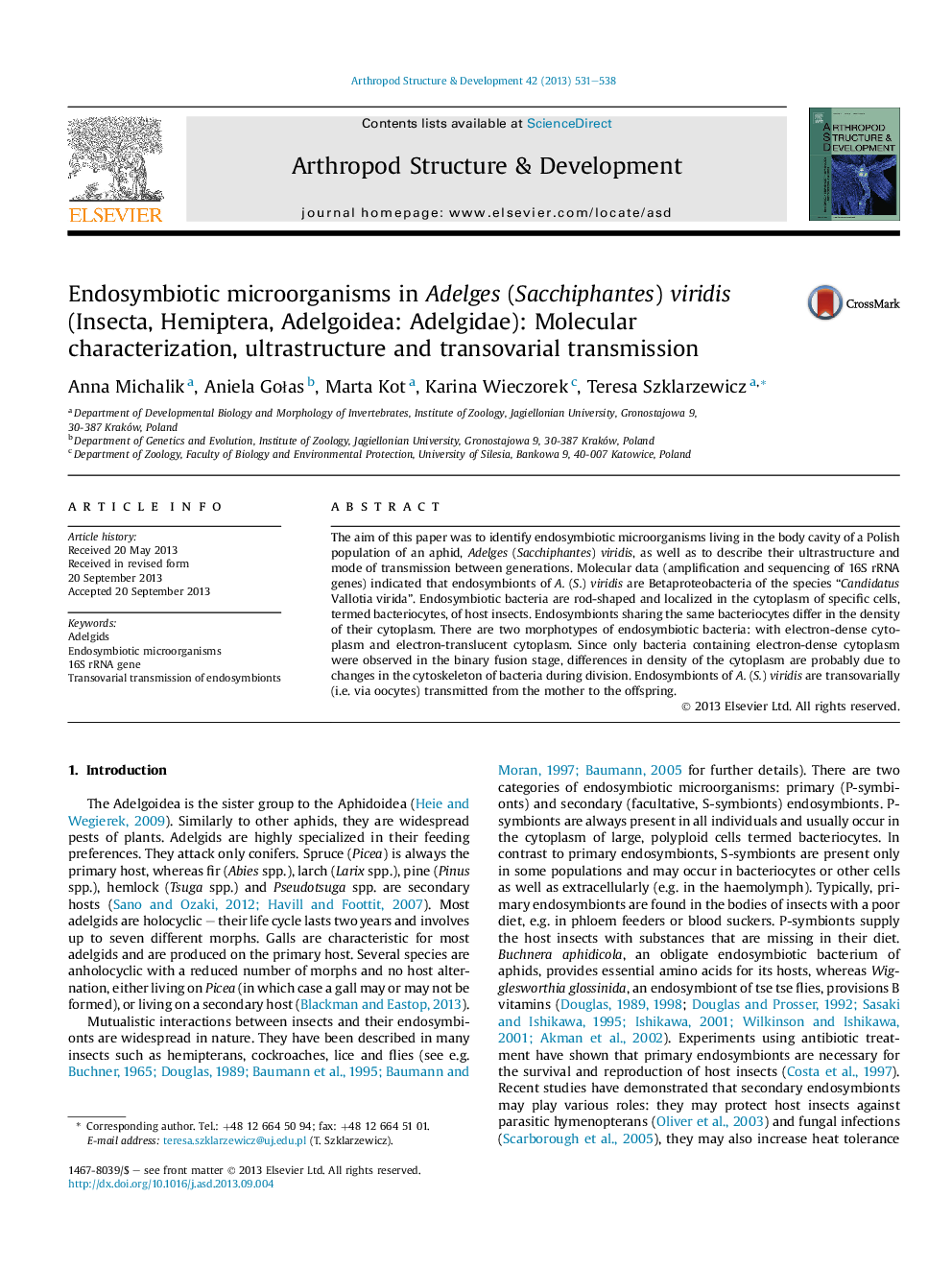 Endosymbiotic microorganisms in Adelges (Sacchiphantes) viridis (Insecta, Hemiptera, Adelgoidea: Adelgidae): Molecular characterization, ultrastructure and transovarial transmission