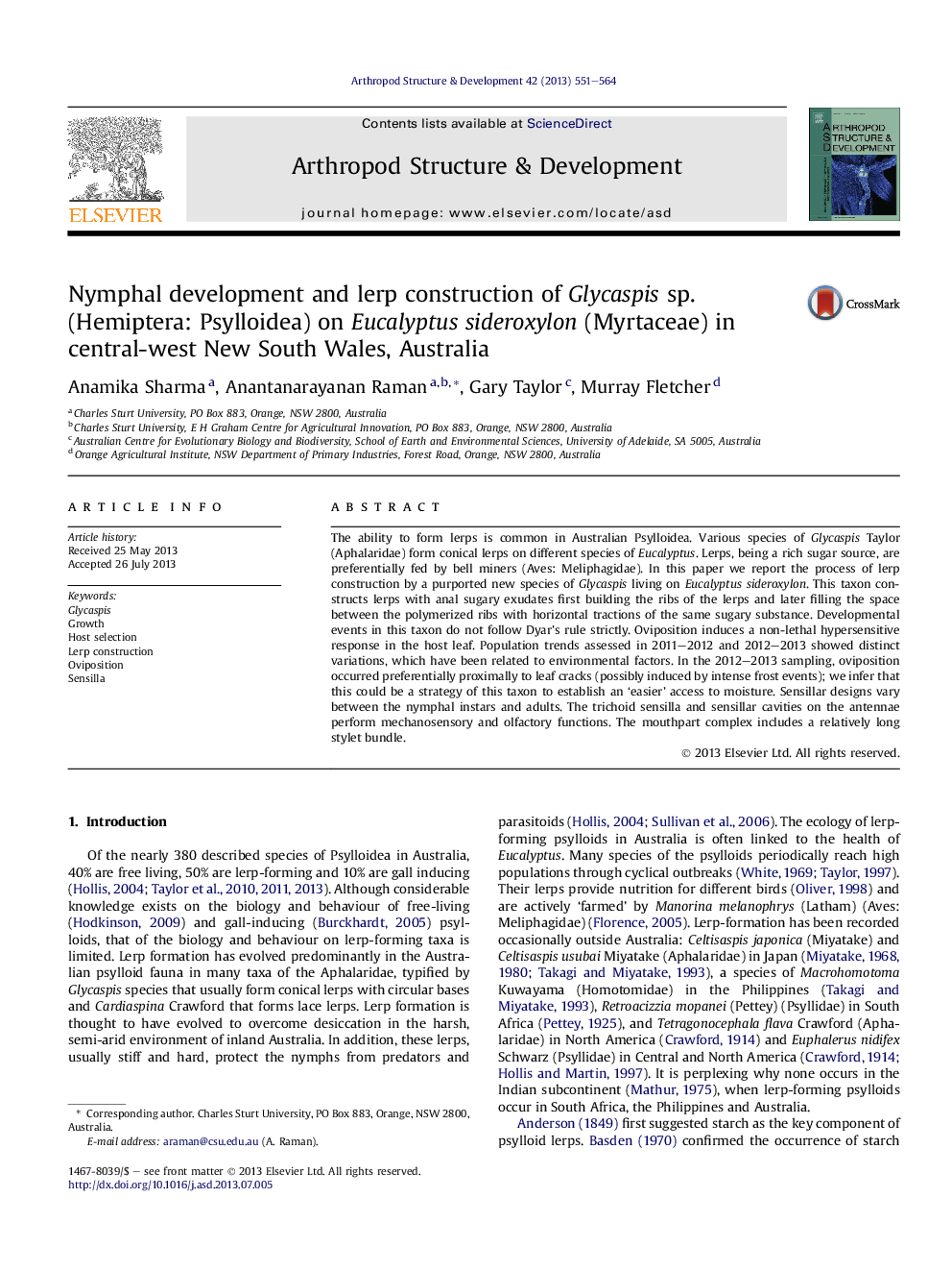 Nymphal development and lerp construction of Glycaspis sp. (Hemiptera: Psylloidea) on Eucalyptus sideroxylon (Myrtaceae) in central-west New South Wales, Australia