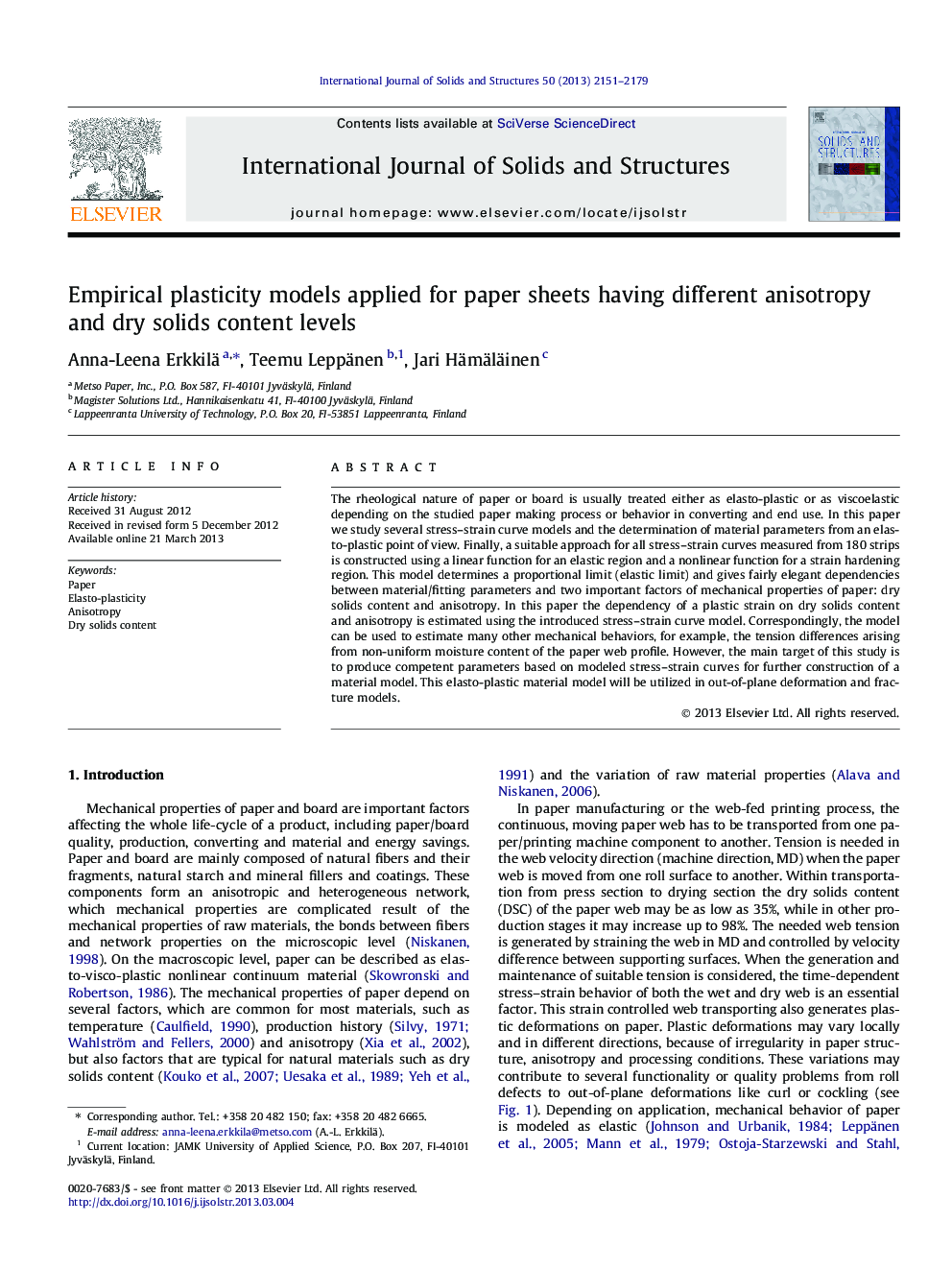 Empirical plasticity models applied for paper sheets having different anisotropy and dry solids content levels