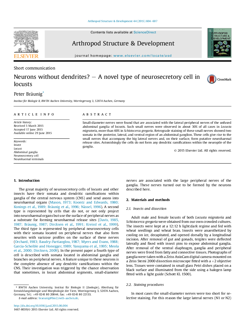 Neurons without dendrites? – A novel type of neurosecretory cell in locusts