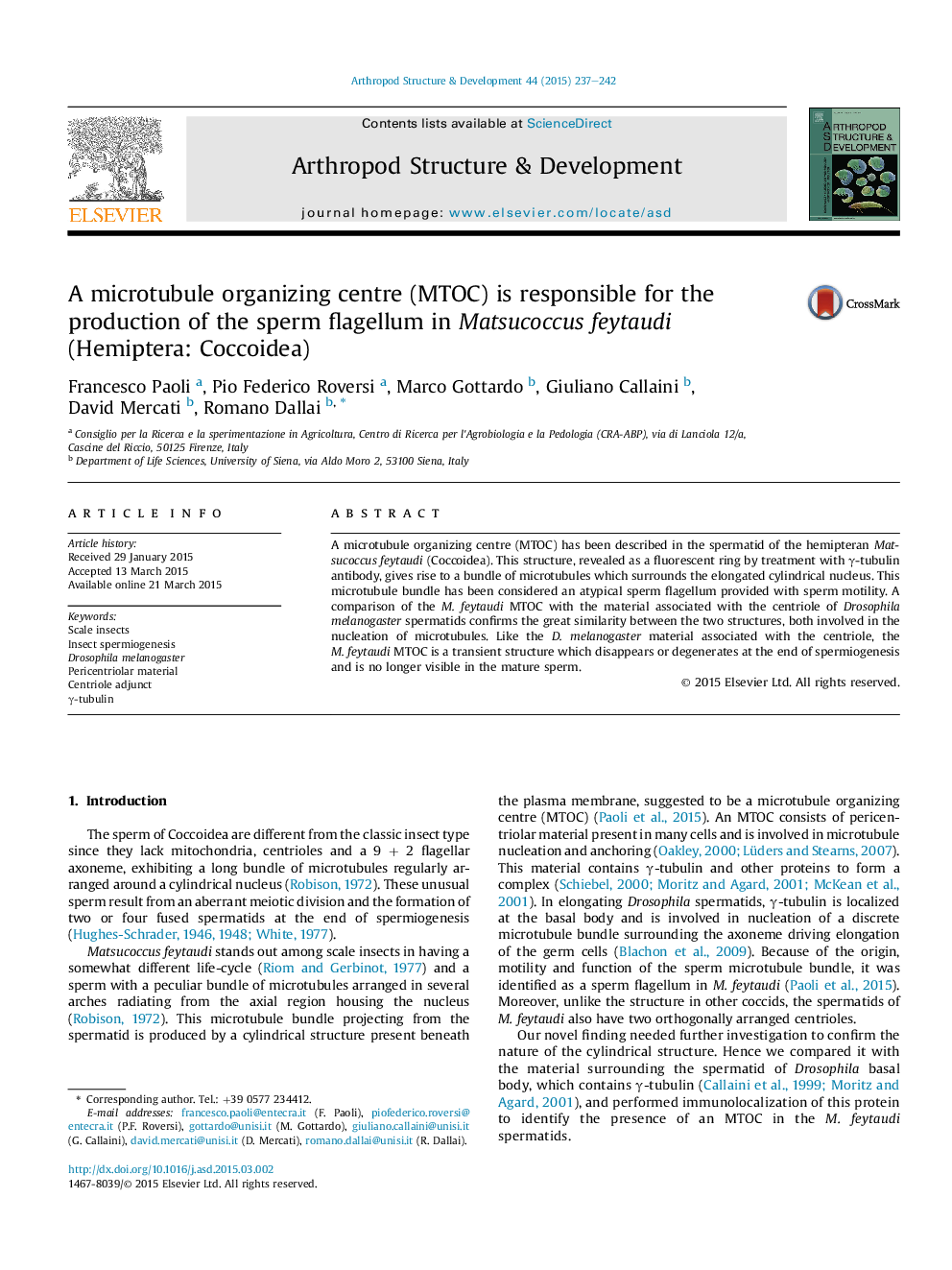 A microtubule organizing centre (MTOC) is responsible for the production of the sperm flagellum in Matsucoccus feytaudi (Hemiptera: Coccoidea)