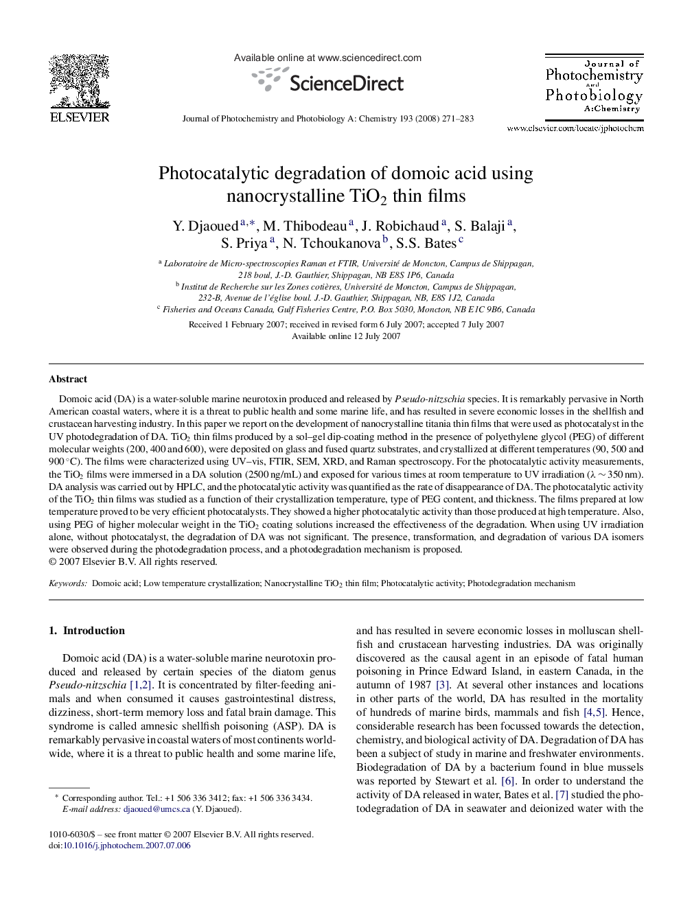 Photocatalytic degradation of domoic acid using nanocrystalline TiO2 thin films