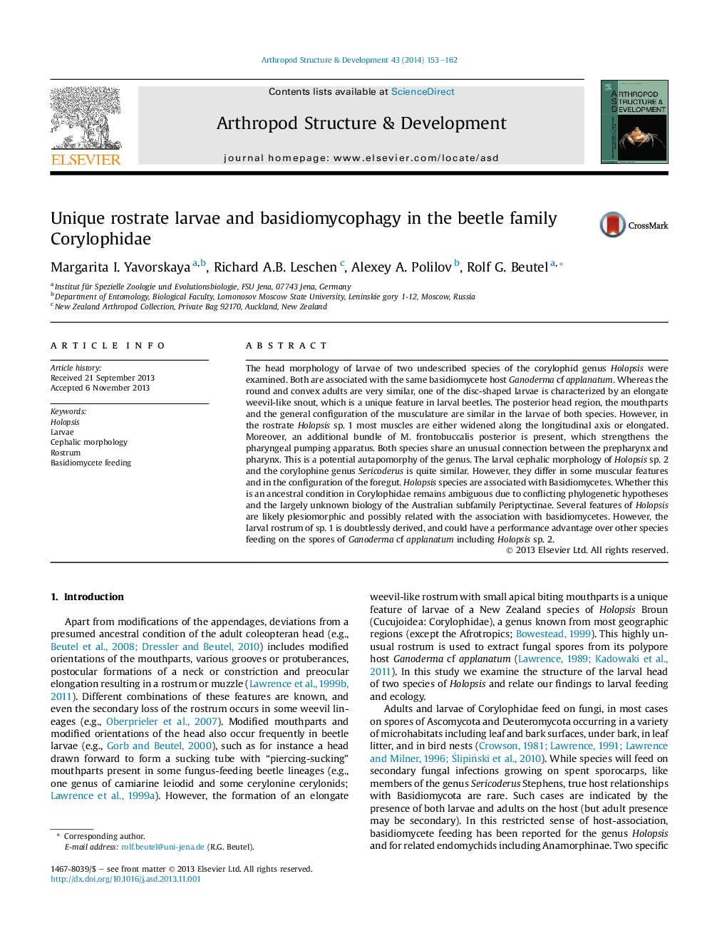 Unique rostrate larvae and basidiomycophagy in the beetle family Corylophidae