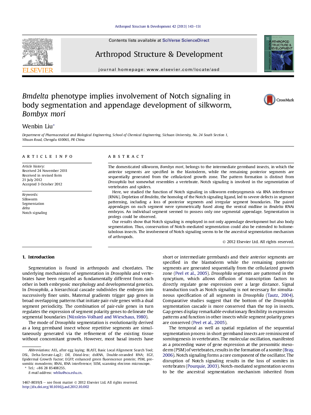 Bmdelta phenotype implies involvement of Notch signaling in body segmentation and appendage development of silkworm, Bombyx mori