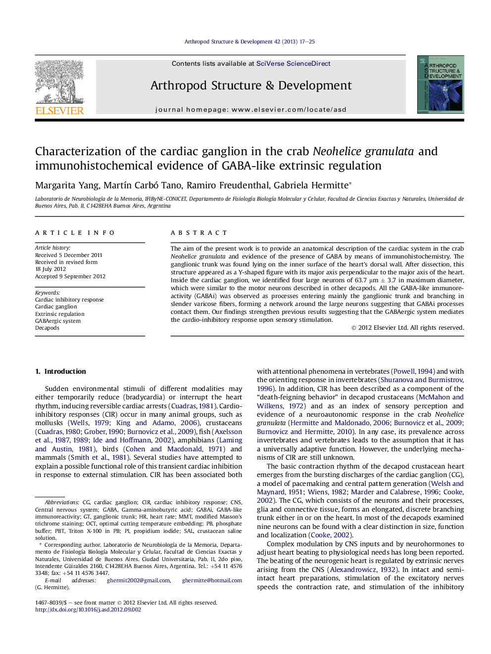 Characterization of the cardiac ganglion in the crab Neohelice granulata and immunohistochemical evidence of GABA-like extrinsic regulation