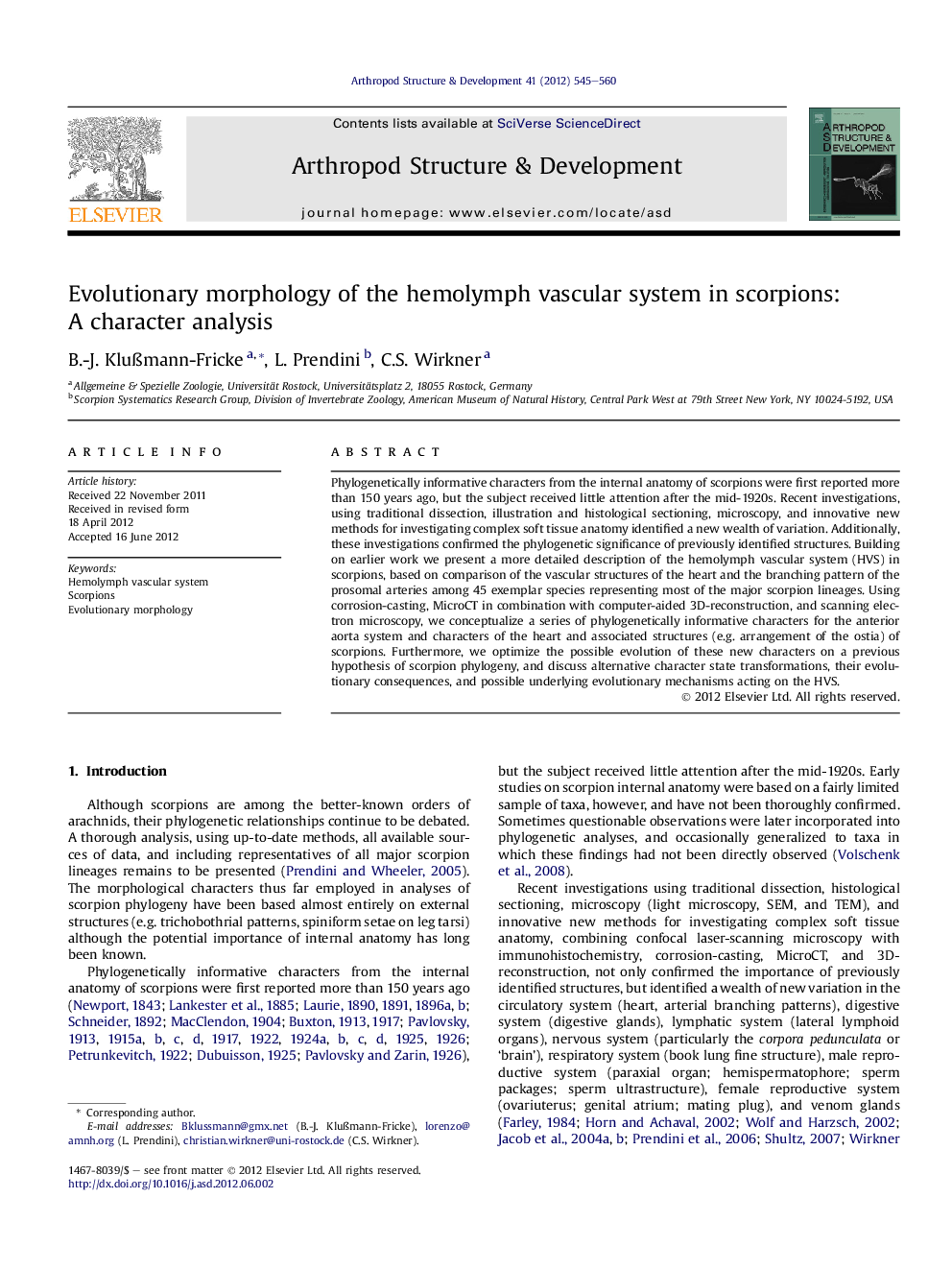 Evolutionary morphology of the hemolymph vascular system in scorpions: A character analysis