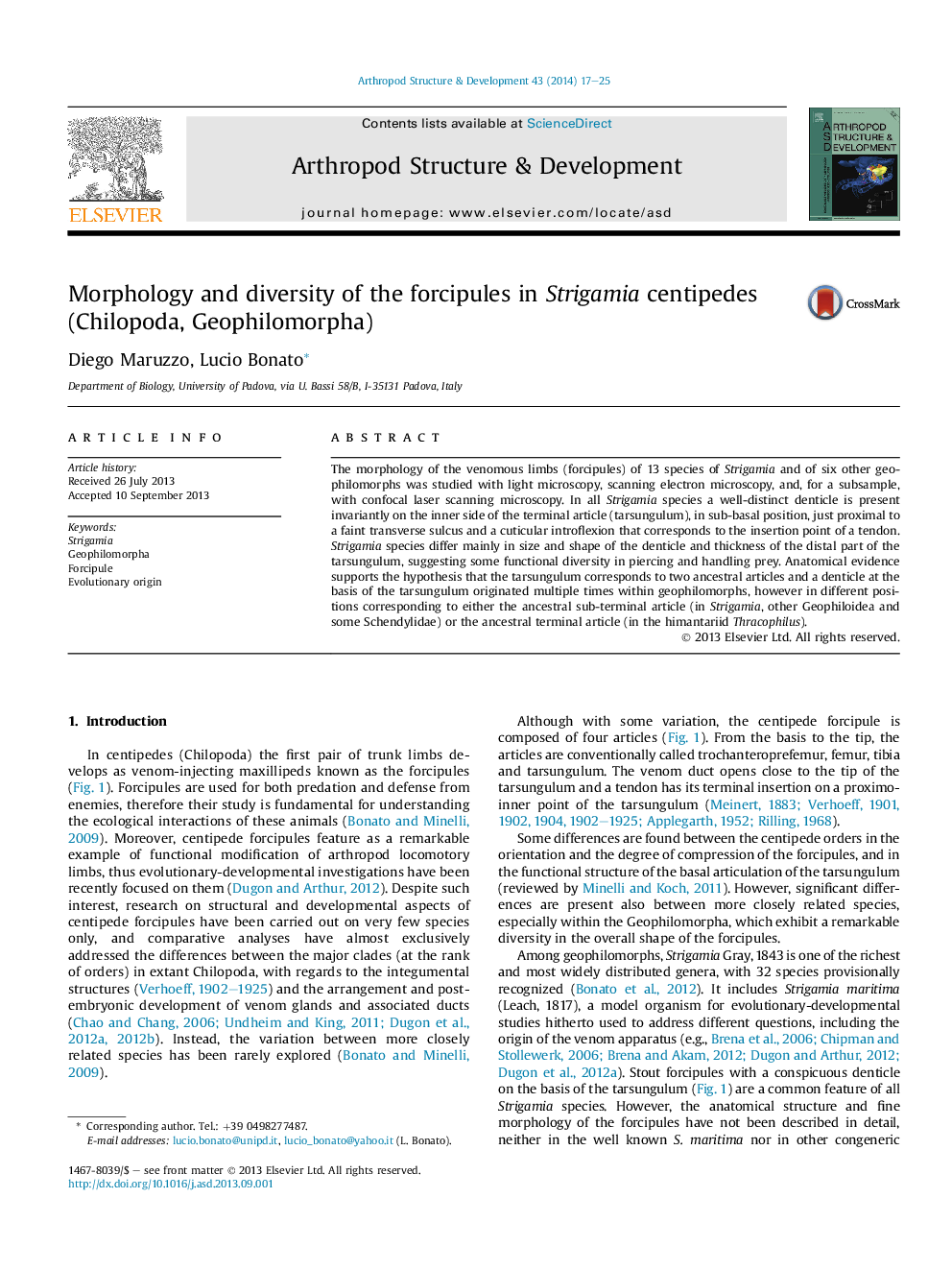 Morphology and diversity of the forcipules in Strigamia centipedes (Chilopoda, Geophilomorpha)